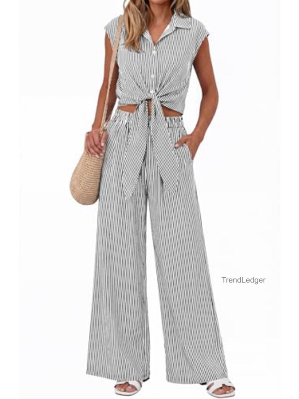 Women's 2 Piece Lounge Set Cap Sleeve Crop Top Wide Leg Pants